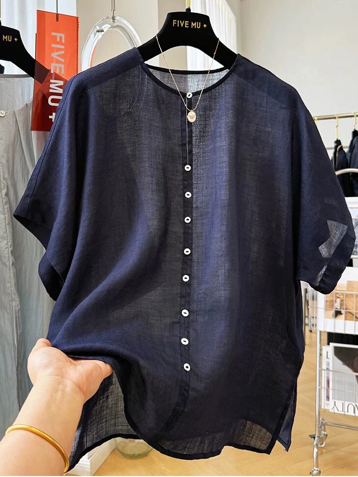 

plus Size Women's Summer Shirt Loose Fit Lightweight Breathable Cotton Linen Short Sleeve Transparent Design Korean Style Com...