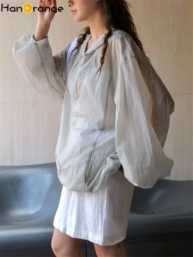 HanOrange 2025 Summer Thin Hoodie Women Half Front Placket Sunscreen Hooded Jacket Soft Nylon Transparent Grey/Creamy Yellow