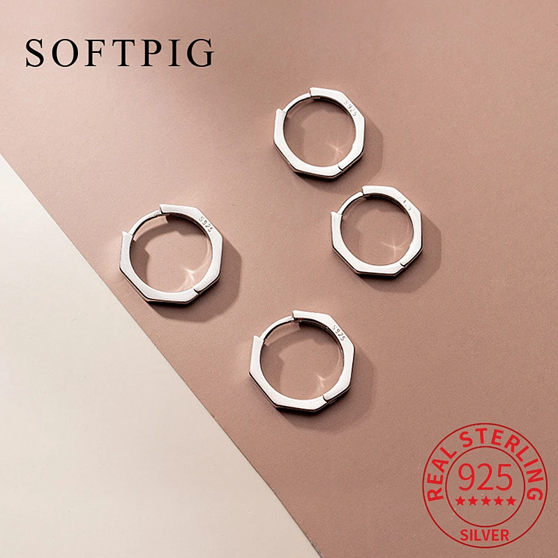 SOFTPIG 100% 925 Sterling Silver 14/16MM Polygon Huggies Hoop Earrings for Women Classic Fine Jewelry Geometric Accessories