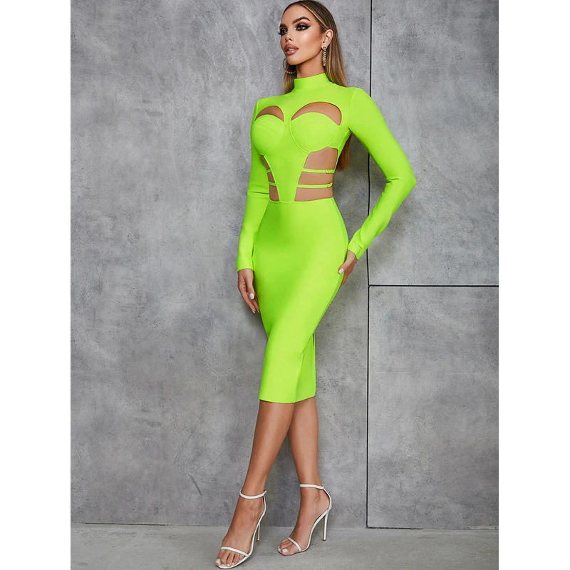 MSMUSI 2024 New Fashion Women Sexy Solid Hollow Out Long Sleeve Backless Bandage Bodycon Party Club Slim Midi Dress Vestidos