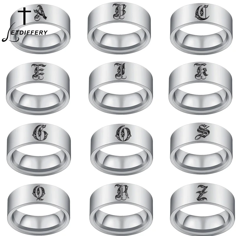 Letdiffery Vintage 8mm Initials A to Z Men Rings Stainless Steel 26 Letters Glossy Steel Rings Male Jewelry Gifts Dropshipping