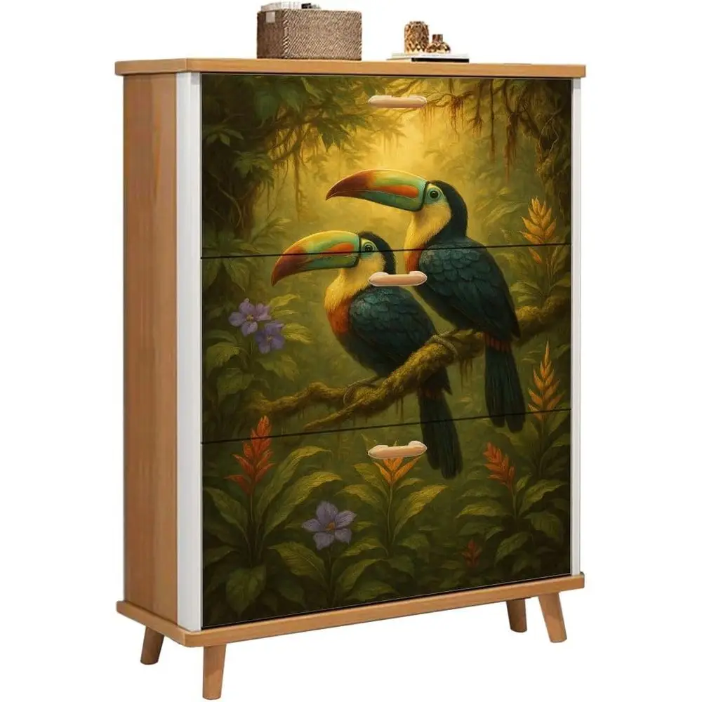 

Деревянный шкаф для обуви: красочные попугаи и туканы, компактное хранение для прихожей
