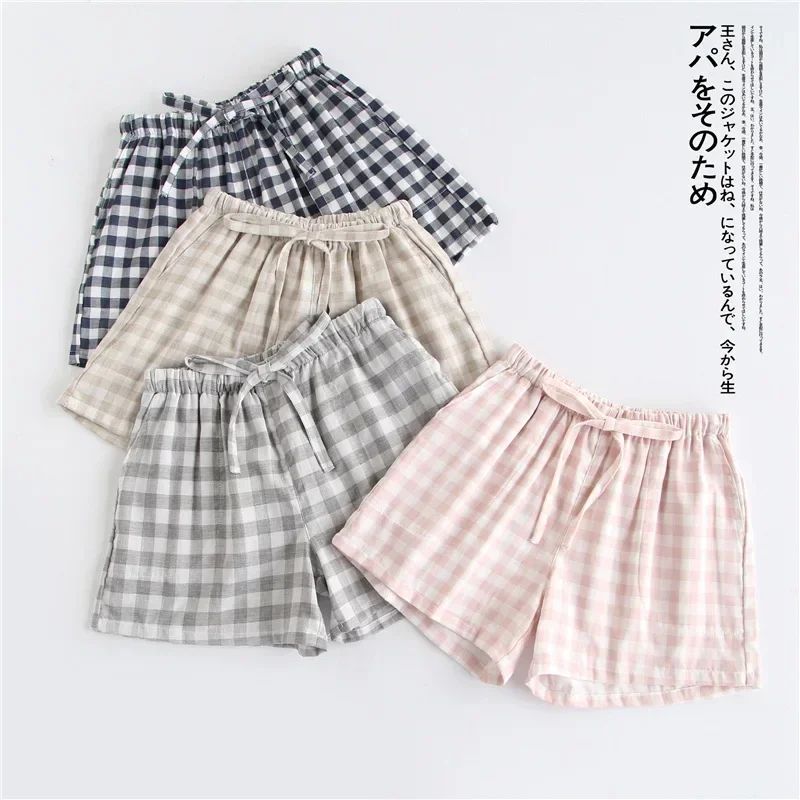 Couple pajamas summer cotton gauze shorts Japanese style simple elastic waist casual large size lattice men and women home pants