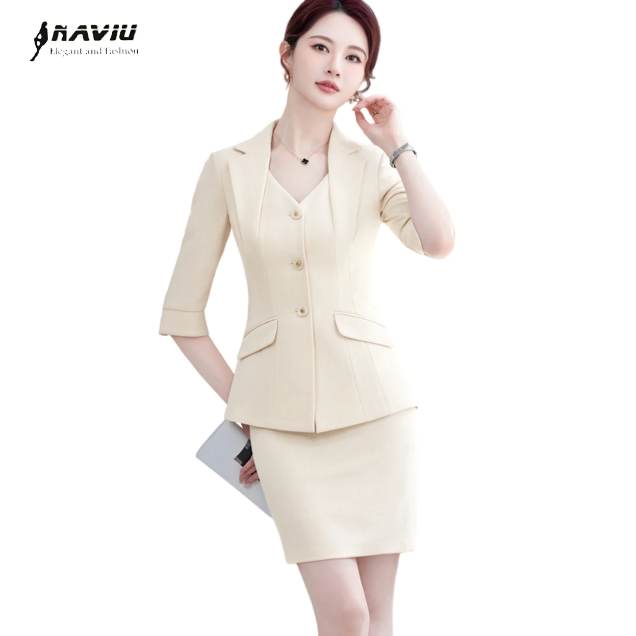 NAVIU Apricot Two Piece Skirt Suit for Women Office Lady Business Casual Blazer And Skirt Set