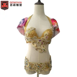 Women's Belly Dance Costume With Push Up Bra 2 Pieces Bra Belt Oriental Dance Costume Golden S-XL