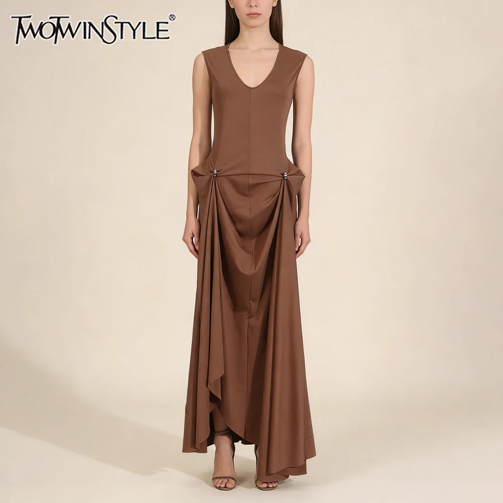 

TWOTWINSTYLE Роскошные вечерние платья макси с пуговицами и акцентными элементами для женщин, без рукавов, с V-образным вырезом, асимметричные, драпированные, для художественных выставок