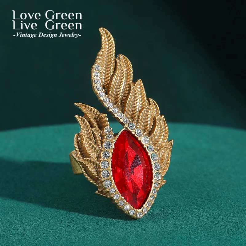 

Vintage Gold Color Red Crystal Ring For Woman Antique Wedding Flame Luxury Quality Jewelry Brand Cocktail Party Gift 2025 New