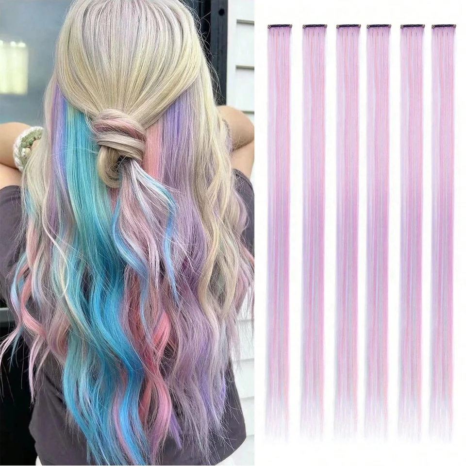 6 Piezas/Set Unicornio Color Arcoíris Clip en Una Pieza Extensión de Cabello Rosa Azul Púrpura Mezcla Color Clip en Accesorios de Cabello Sintético