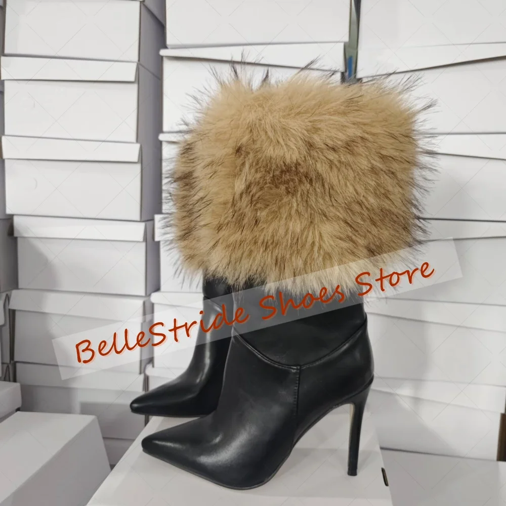 

Brown Fur Decor Black Pointed Toe Boots Matte Leather Women Shoes Thin High Heels Party Banquet Dating 2025 Zapatos Para Mujere