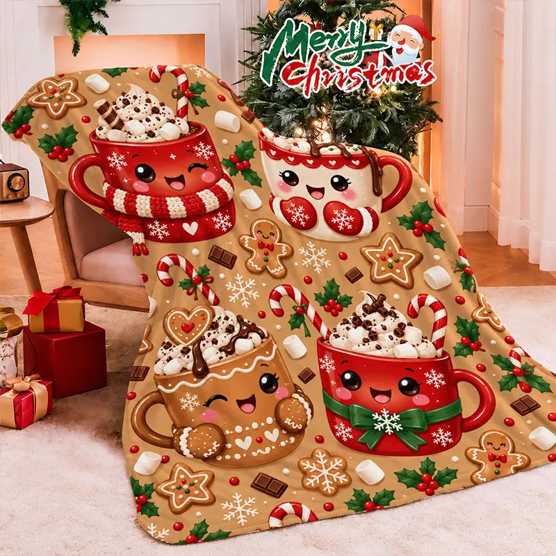Cute Christmas Flannel Blanket Gingerbread Chocolate Marshmallow Dessert Pattern Blanket Soft And Comfortable Travel Blanket