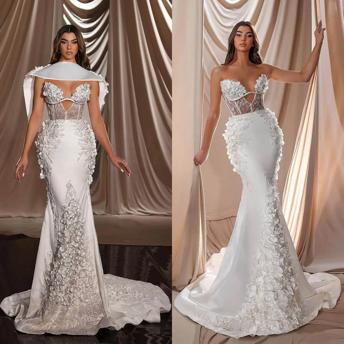 

Illusion Wedding Dresses Mermaid Strapless Appliques Sequins Detachable Princess Bride Dress Vestido de novia Custom Made