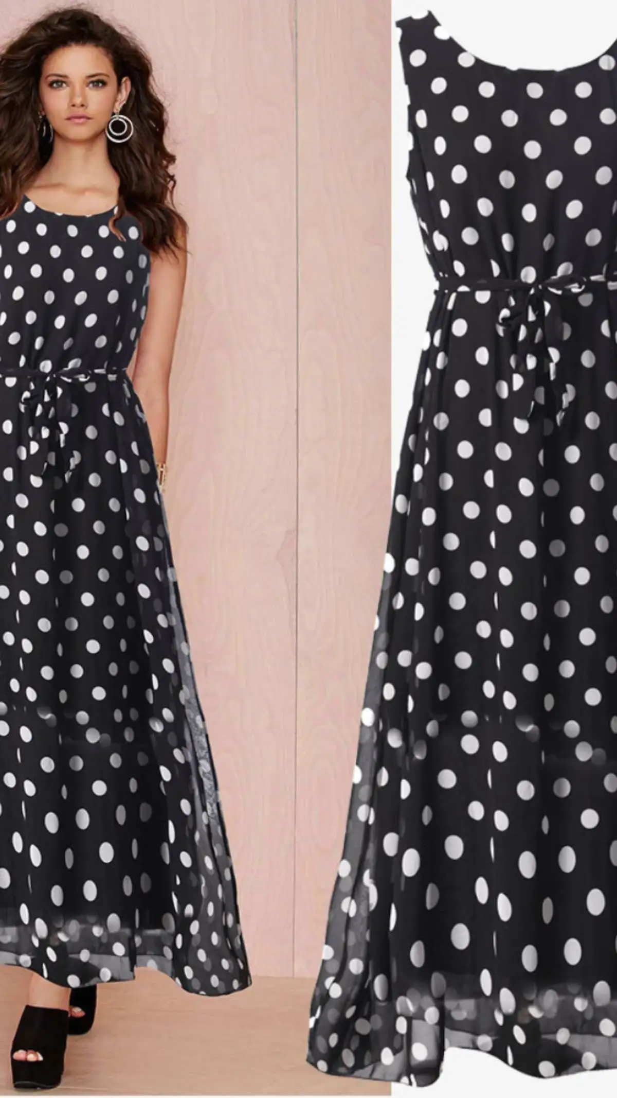 여름 신상 물방울 무늬 여성 롱 베스트 드레스 트렌디 쉬폰 원피스 드레스 패셔너블 여성 의류