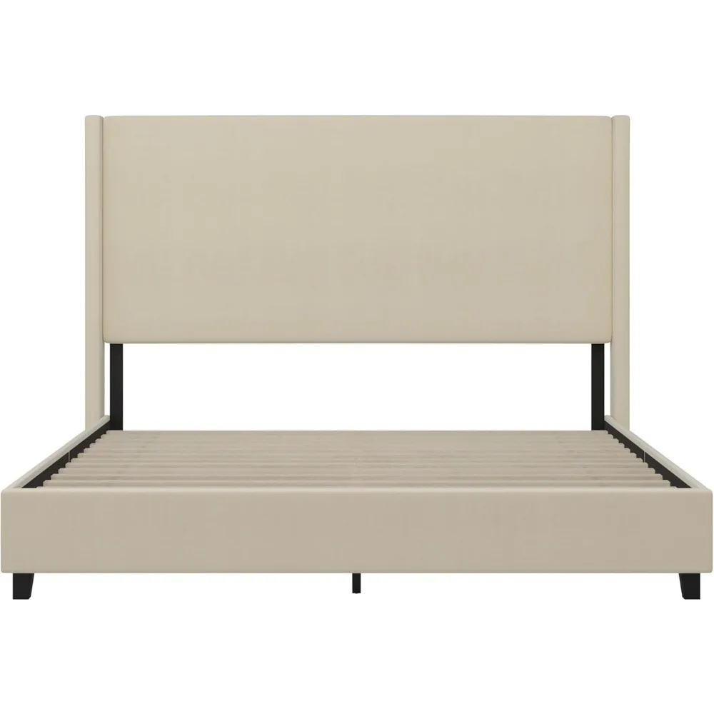 سرير Nora Wingback ذو منصة - تنجيد من الكتان الصناعي باللون البيج - إطار خشبي متين هندسي - لا حاجة إلى صندوق زنبركي