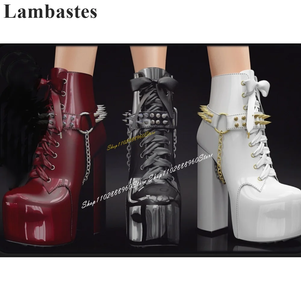 

Solid Artificial Leather Rivet Strap Platform Ankle Boots Thick Heel Women Shoes Cross Tied Round Toe 2024 Zapatos Para Mujere