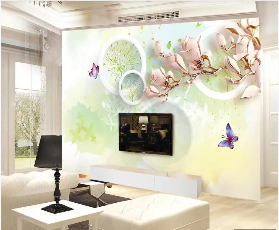 Customized products wallpaper mural European small fresh 8D rural circle flower Living room TV background wall bedroom butterfly