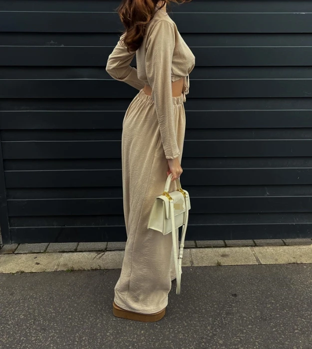 Free Spirited Girl 2024 Fashion Monochrome Lace Up Cut Long Sleeved Shirt and Casual High Waisted Wide Leg Pants Set In Stock