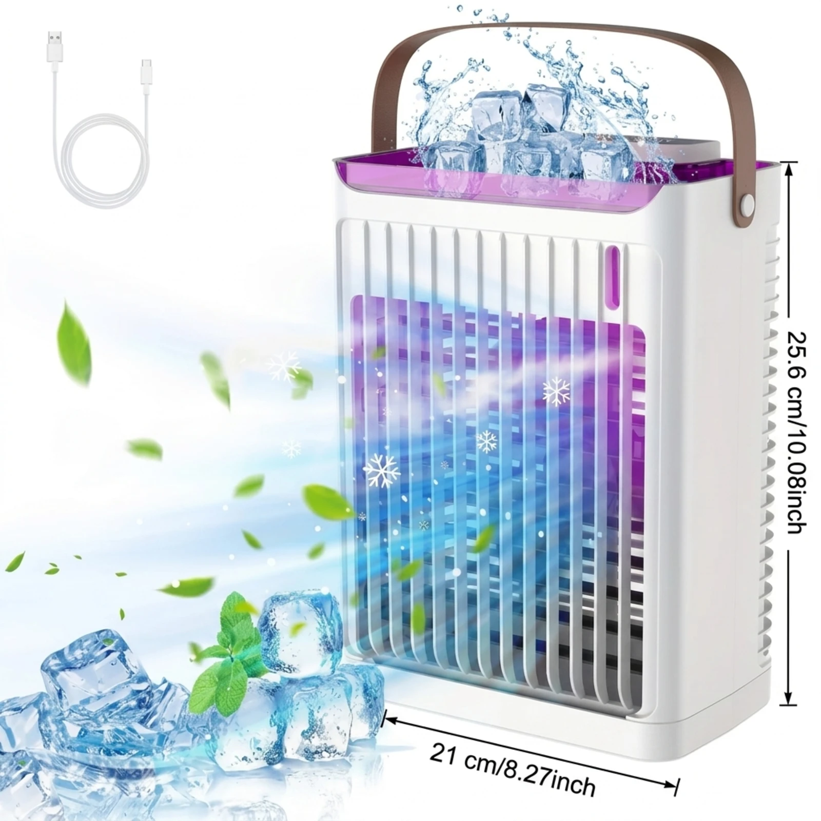 Portable Air Conditioner, 3-in-1 Personal Evaporative Air Cooler & Humidifier with 5-Speed Fan, 2/4/6H Timer, 7-Color LED Light, USB-C Desktop Cooling Fan with Leather Handle for Home Office, Top-Fill Water Tank, 25.6cm X 21cm