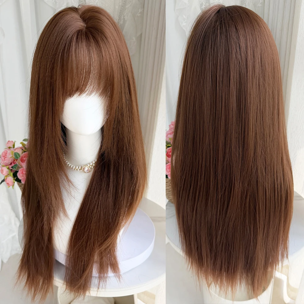 

Brown Long Straight Fluffy Women Synthetic Wigs with Bangs Lolita Cosplay Fluffy Wig for Daily Party