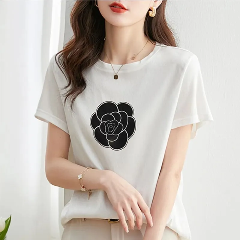 Summer New Women's Round Neck Short Sleeve Fashion Camellia Front Silk Back Cotton Knitted Casual T-Shirt Top