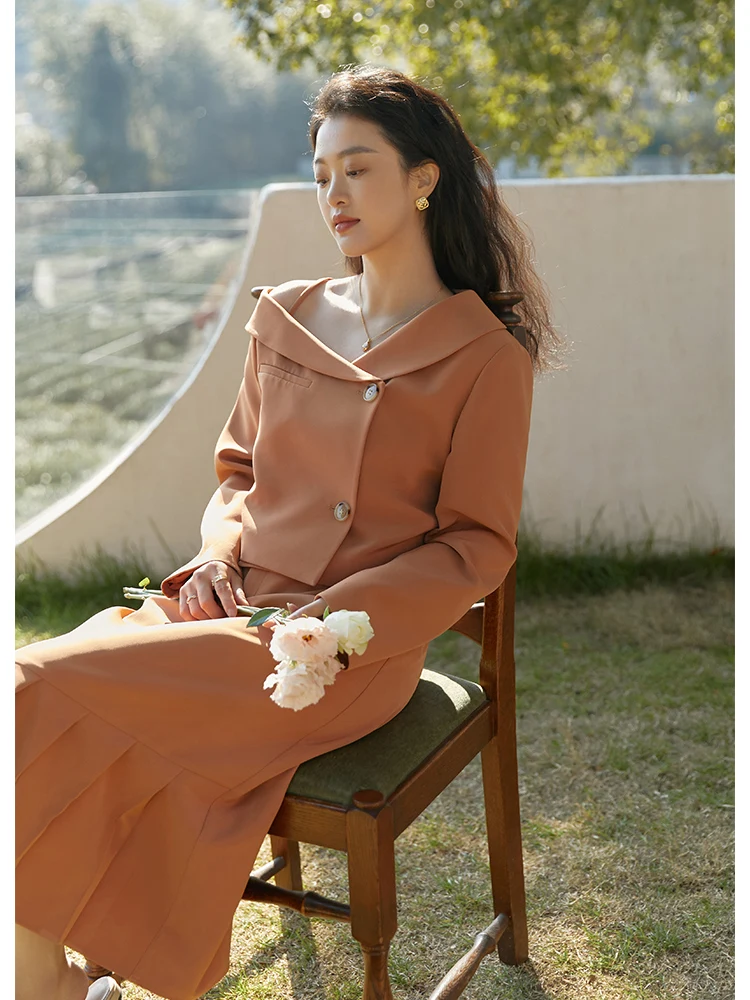 DUSHU Slightly Fat Lady Suit Collar Full Sleeve Irregular Cropped Blazer Office Lady Off-the-shoulder Single-breasted Suits