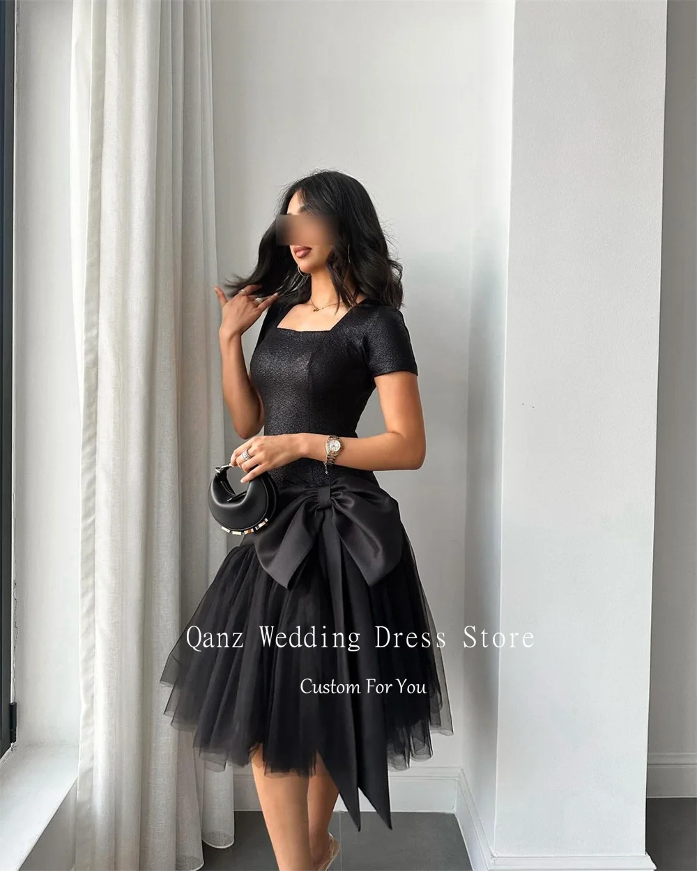 Qanz Arab Black Prom Dress Short Sleeves Vestidos De Fiesta Elegantes Para Mujer Mermaid Tulle Party Dresses Customized