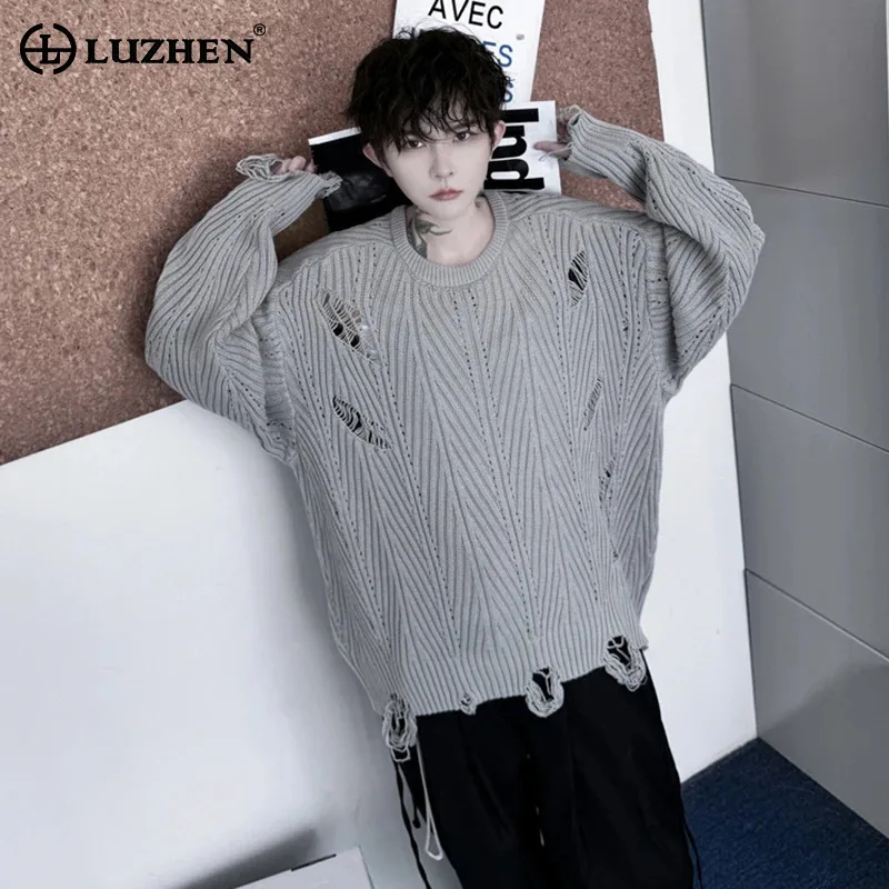 루젠 스웨터 풀오버 2025 루즈핏 솔리드 니트 컬러 홀로우 탑스 개성있는 멋진 트렌디 남성 캐주얼 아우터웨어 JY4682