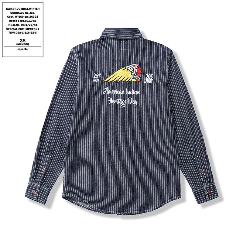 

Американская ретро-рубашка с вышивкой, длинным рукавом, в полоску, рабочая, приталенная, из шелкового хлопка, молодежная, осенняя, износостойкая, утолщенная