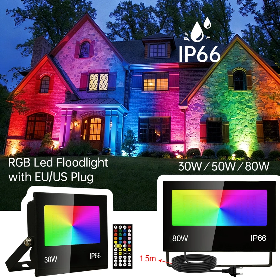 

AC85-265V RGB LED Floodlight 30W/50W/80W IP66 Waterproof Outdoor Spotlight with EU/US/AU/UK Plug & IR Remote Control Dimmable