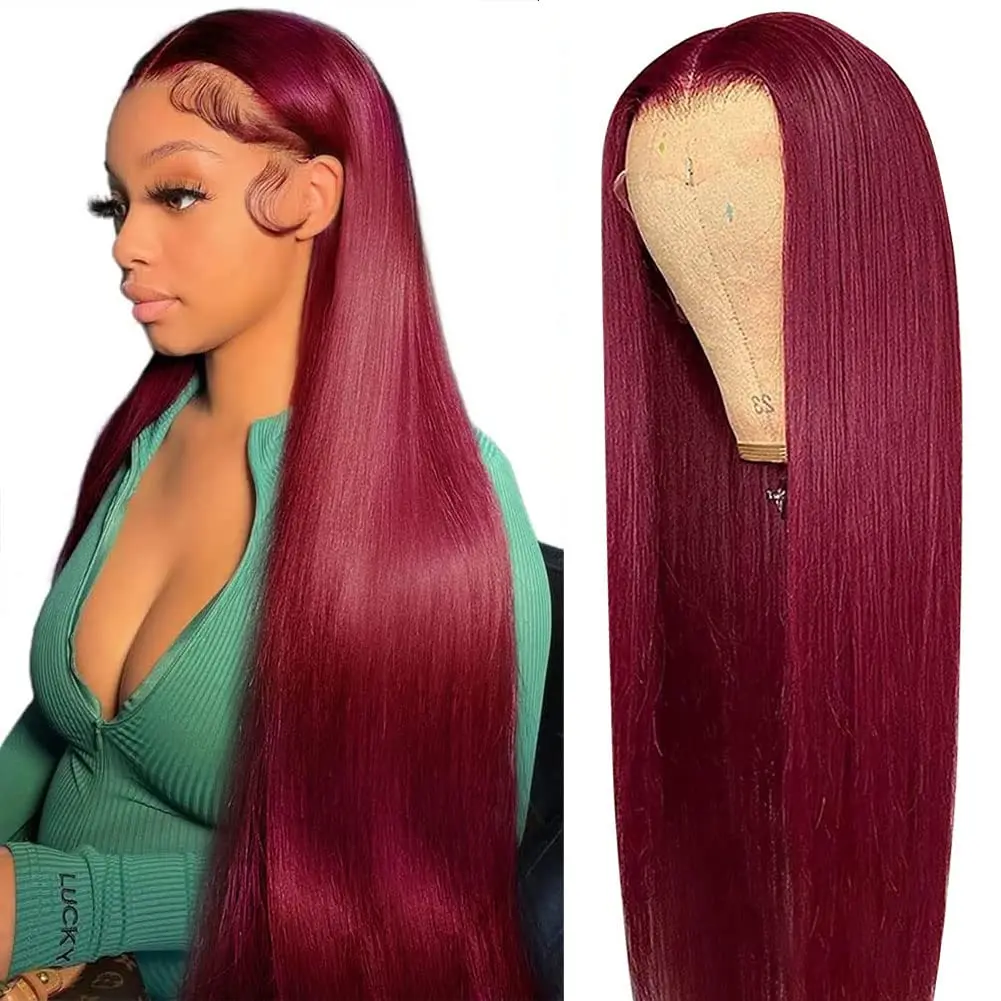 Perruque Lace Front Wig naturelle lisse bordeaux, couleur rouge 99j, 13x4, 13x6, 200% de densité