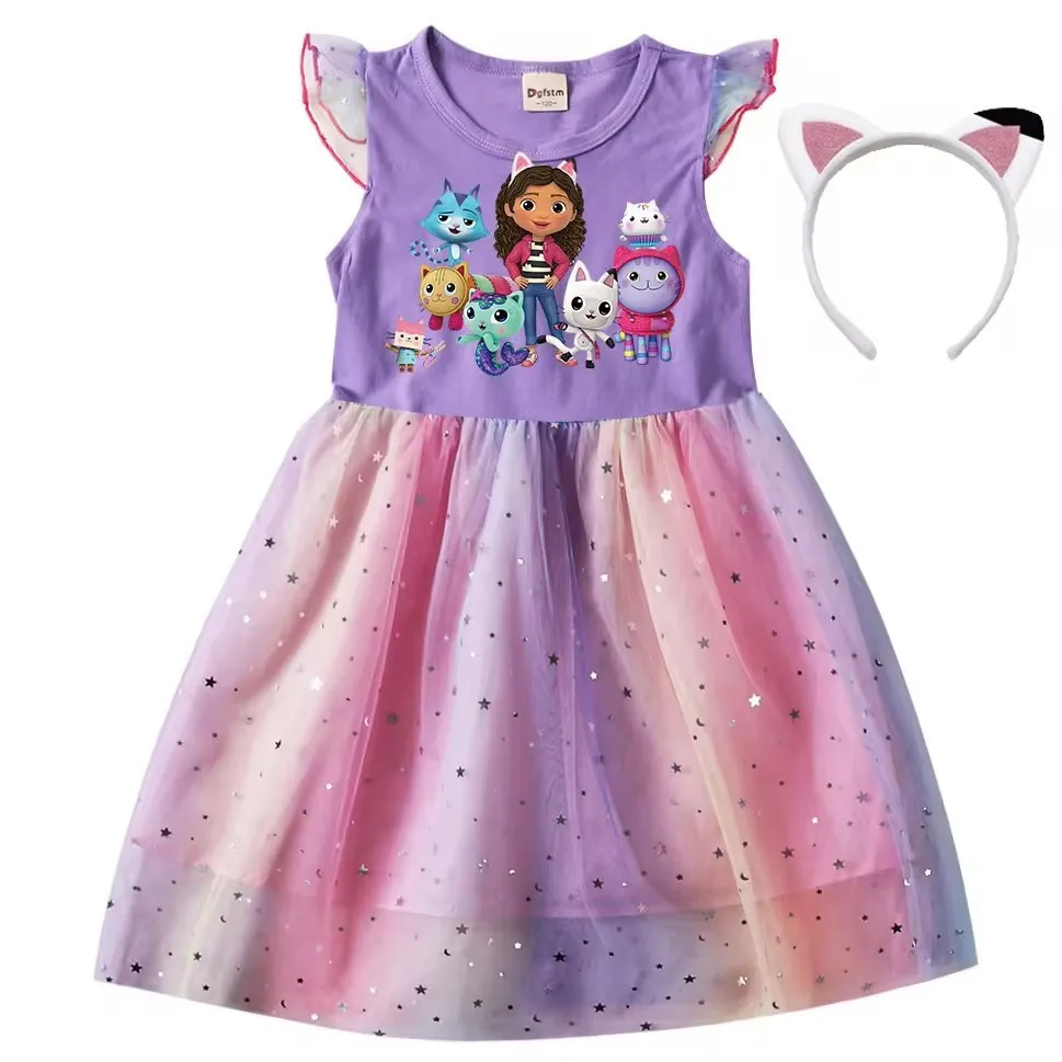 

Girl Gabby Dollhouse Printed Cartoon Mesh Star Sequins Princess Flying Sleeves Ventilate Summer Princess Outdoors Costume 1-6Y