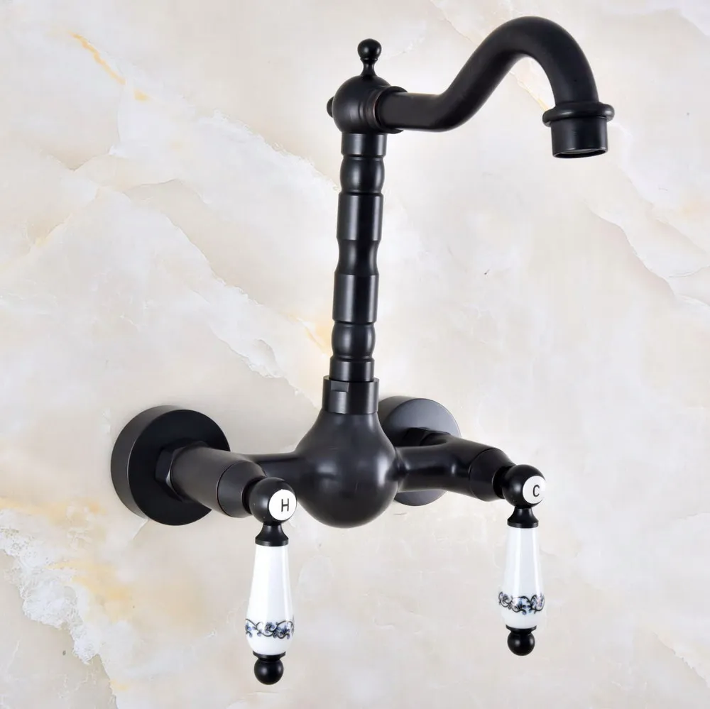 

Dual Handle Duals Hole Wall Mount Basin Faucet Oil Rubbed Bronze Bathroom Vanity Faucets Kitchen Sink Cold Hot Water Taps Dnf860