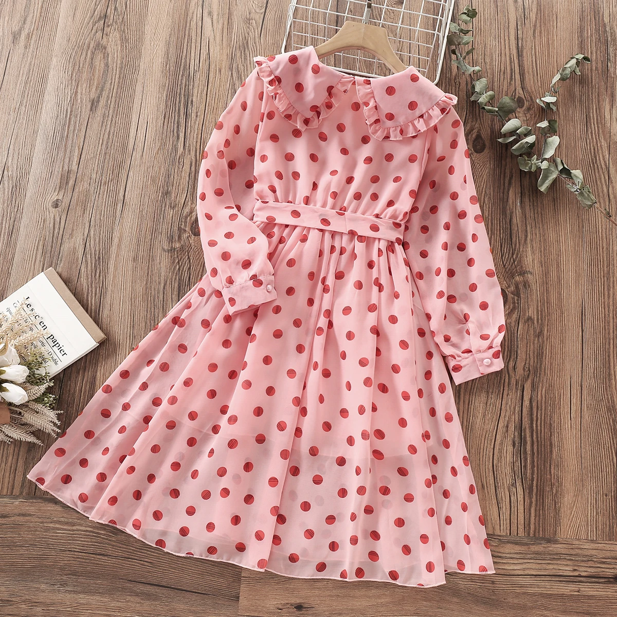 Girls Dress for Kids Costume Spring Long Sleeve Cute Dot Teenagers Chiffon Dress Children Clothes Vestidos 4 6 8 10 12 14 Years