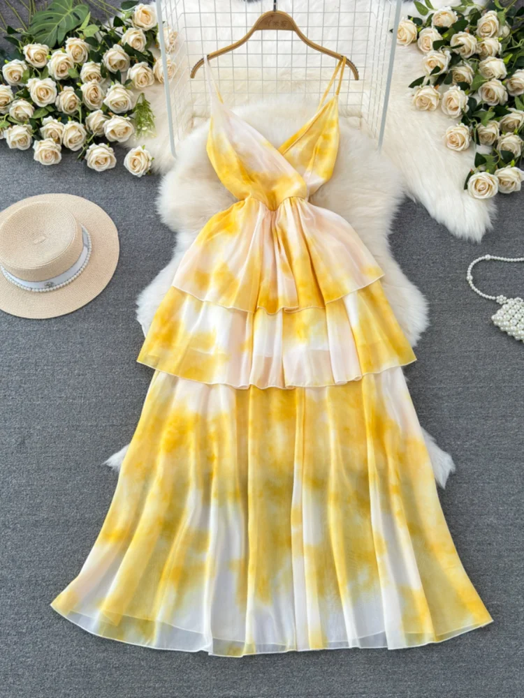 

Yellow Printing Beach Dress Women Sexy V-neck A-line Ruffle Long Dresses Summer Backless Slim French Elgeant Long Robe Vestidos