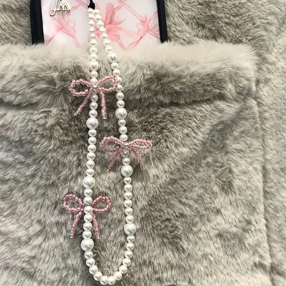 Korea Cute Pink Bowknot Pearl Pendant Beaded Phone Charm for IPhone Accessrioes Lanyard Woman Girl Jewelry Hanging Rope Strap