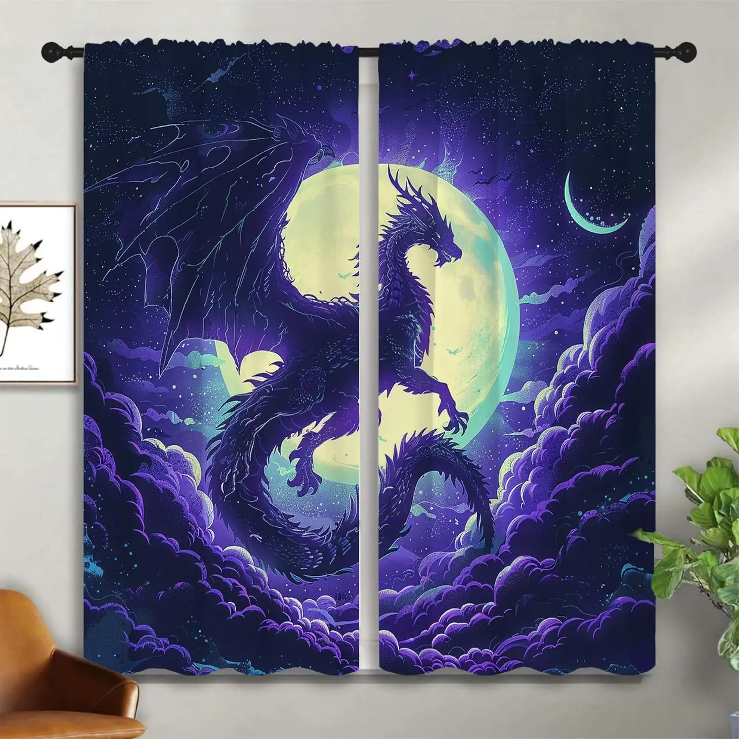 Purple Dragon Blackout Curtains for Boys Girl Bedroom Decor,Fantasy Creature Starry Night Scene Thermal Insulated Rod Pocket