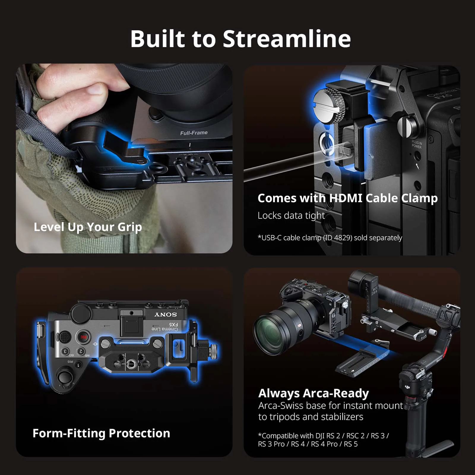 SmallRig FX5 "HawkLock" Kamera-Cage für Sony FX5 mit Klemme für HDMI-Kabel, Top-Platte mit 1/4"-20 / 3/8"-16 Arca-Typ Schnellwechselplatte – Detail 21