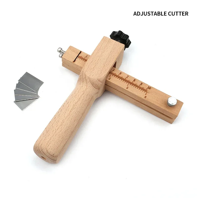 Adjustable Leather Strap Cutter with 5 Blades Wooden Leathercraft Strip Belt DIY Hand Cutting Wooden Strip Cutter Leather Tool