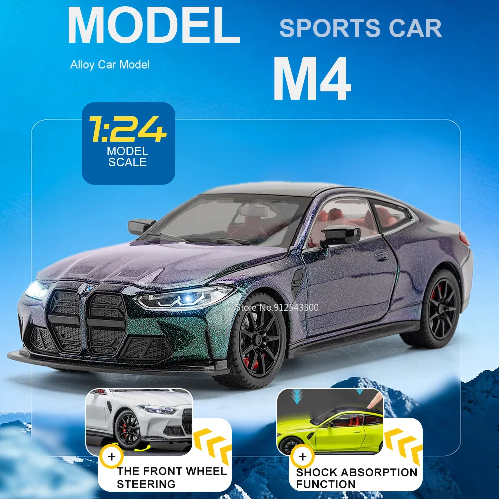 

1:24 M4 M6GT3 Car Model Toy Doors Opened Sound Light Models Front Wheel Steer Alloy Diecast Vehicle for Enthusiasts Special Gift