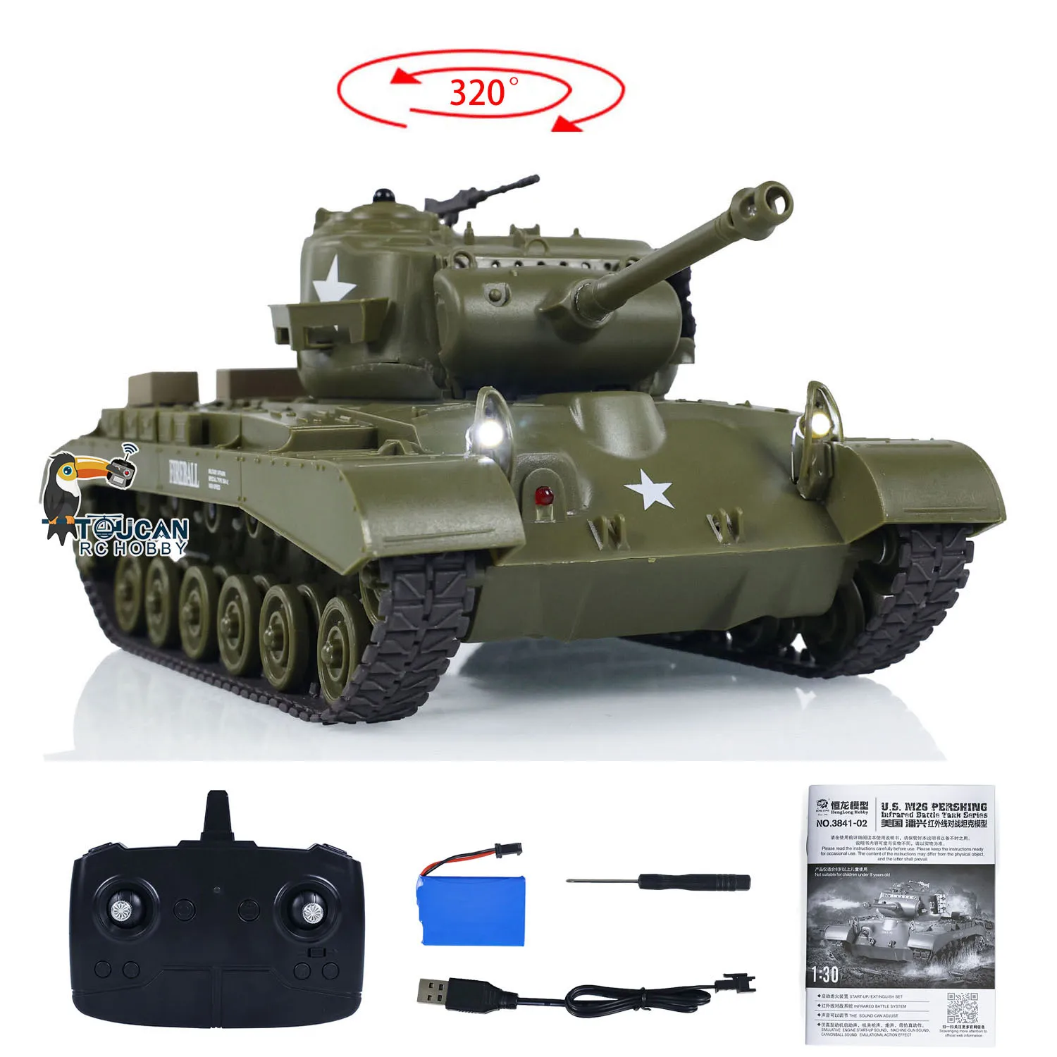 Heng Long 1/30 RC Battle Tank Infrared Combating Pershing M26 3841-02 2.4G Remote Control Model Panzer Vehicle Toy TH23639