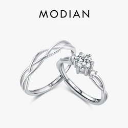 MODIAN Real 925 Sterling Silver Simple Line Wedding Couple Ring Adjustable Size 6-9 Statement Jewelry For Women Anniversary Gift