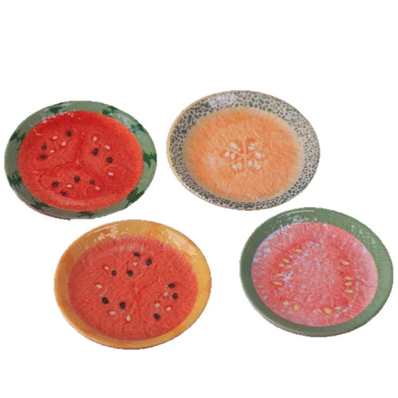 2pcs Mini Watermelon Cantaloupe Fruit Plate DIY Resin Charms Fridge Sticker Miniature Craft Supplies Desktop Decor Props