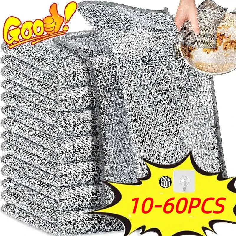 10/60pcs Magic Dishcloth Silver Wire Cleaning Kitchen Cloth Thickened Microfiber Wash Towel Built-in Sponge Steel Wire Ball Rag