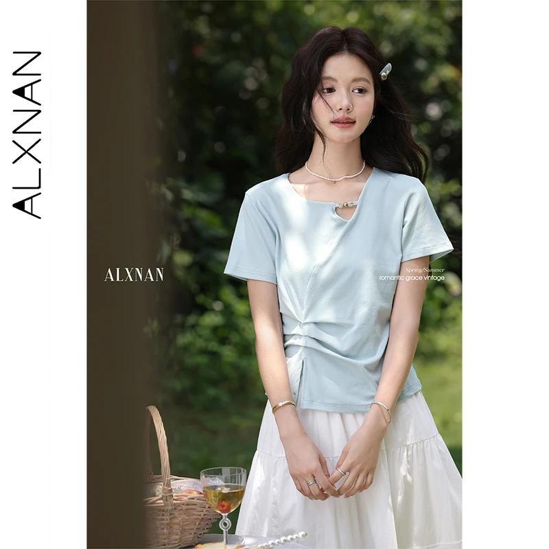 

ALXNAN Women's Blue T-shirt Elegant Chic Beaded Neckline Pleated T-shirt 2025 Summer Cotton Short Sleeve Tops Ladies New L557119