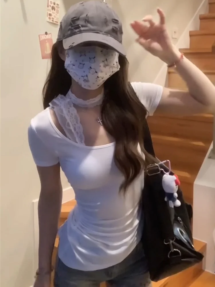 الرغبة النقية الدانتيل تصميم ort Sve تي شيرت المرأة الصيف سليم صالح U-Ne معلقة Ne قميص أبيض Ele Faionable التخسيس