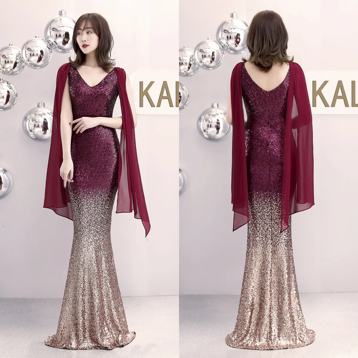 

Evening Dress Burgundy Sequins Stretchy V-neck Sleeveless Zipper Back Mermaid Trumpet Floor length Women Party Formal Gown YE330