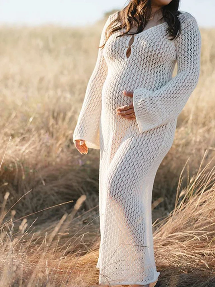 ボヘミアンニットマタニティドレス-ベルスリーブ-クロシェ-妊娠ガウン-写真撮影-ベビーシャワー-マタニティフォト-ビーチドレス