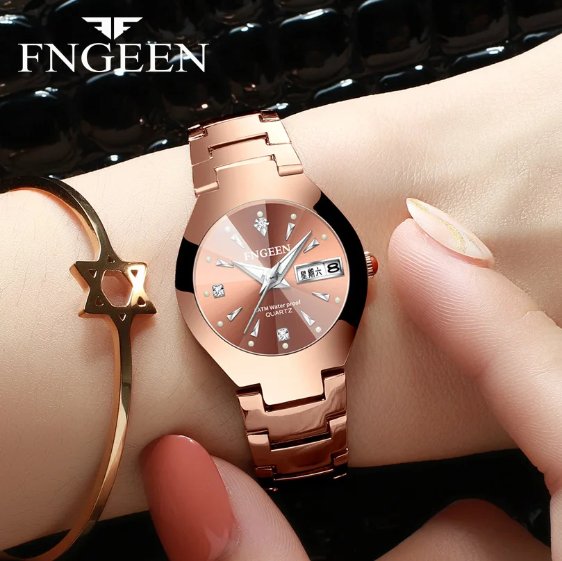 FNGEEN Couple Watch Men Quartz Watch for Lovers Luxury Womens Wristwatch Stainless Steel Waterproof Double Calendar Clock 5808