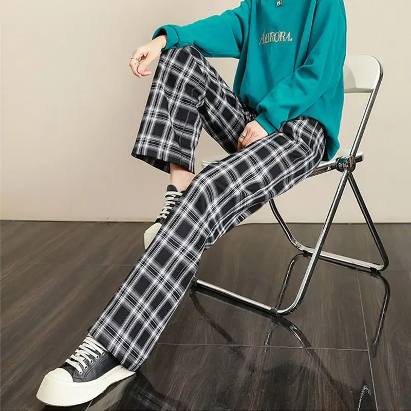 Women's Spring Autumn New Fashion Elegant Checkered Pockets, Casual and Versatile High Waist Loose Wide Leg Straight Leg Pants