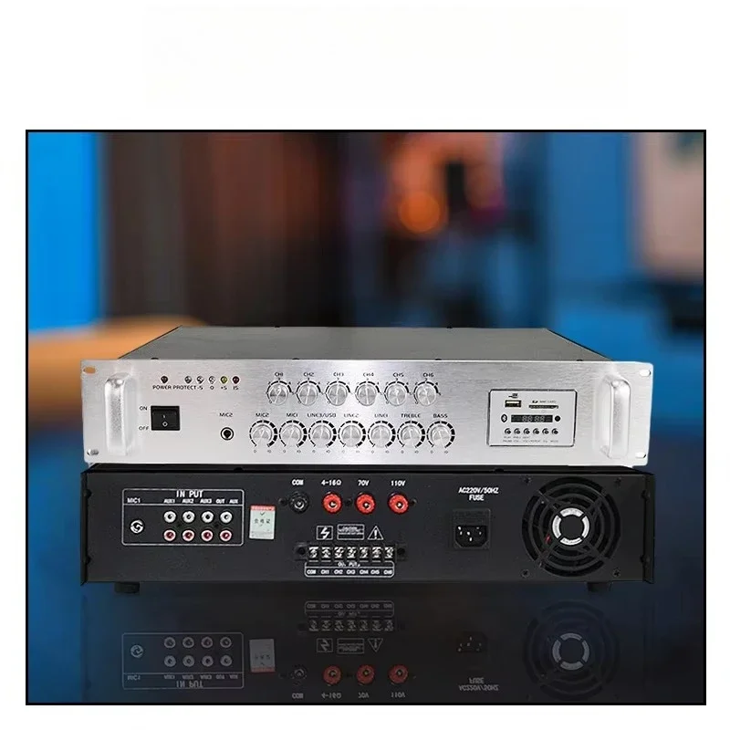 

Профессиональный усилитель мощности 800 Вт с функцией микшера, для конференц-залов и заводов, с возможностью воспроизведения музыки и голосовых записей.