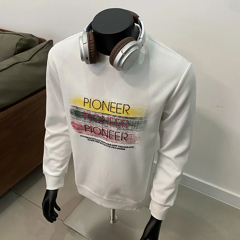 

2025 autumn hoodie men's trend embroidered print round neck pullover loose casual versatile long sleeved top men